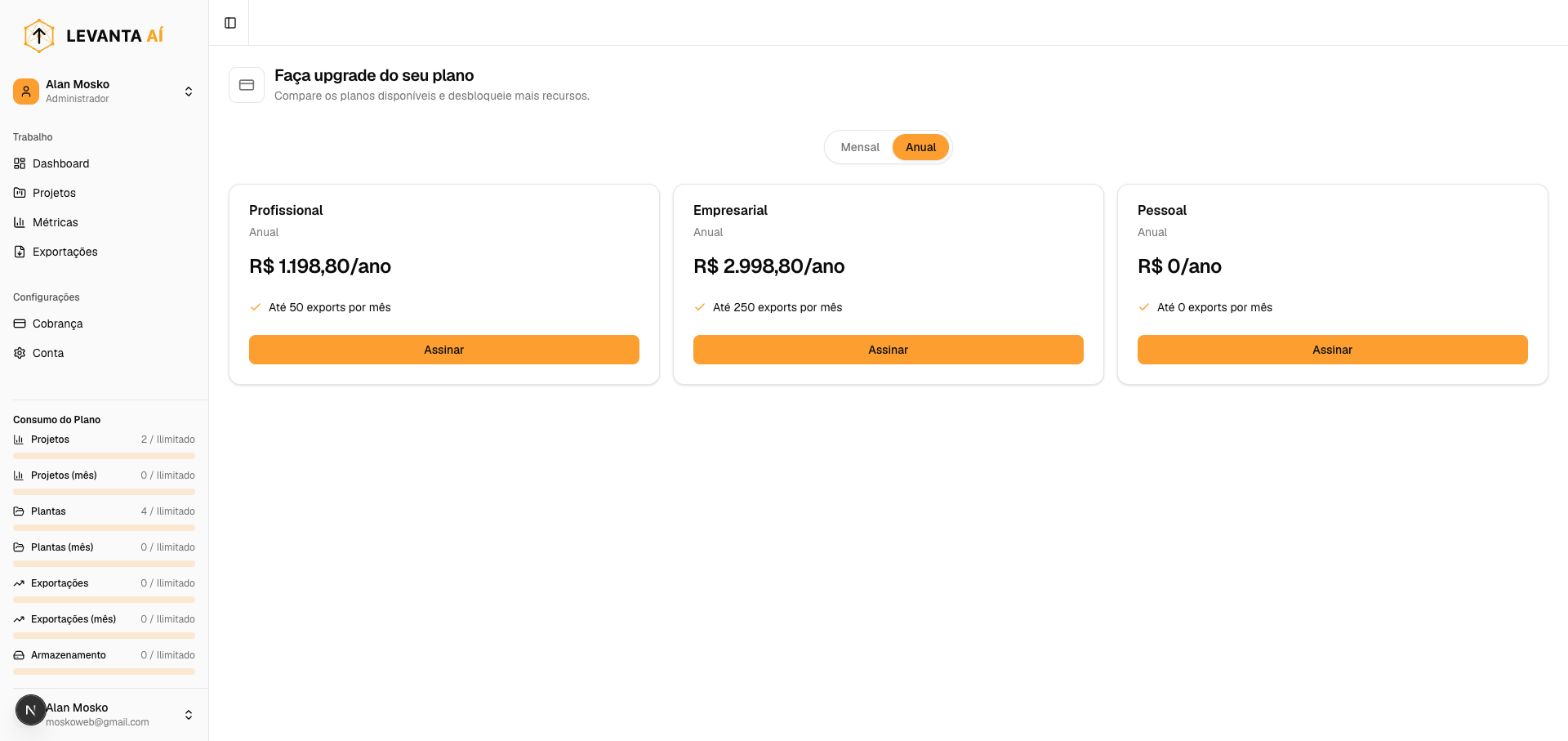 Planos disponíveis para upgrade